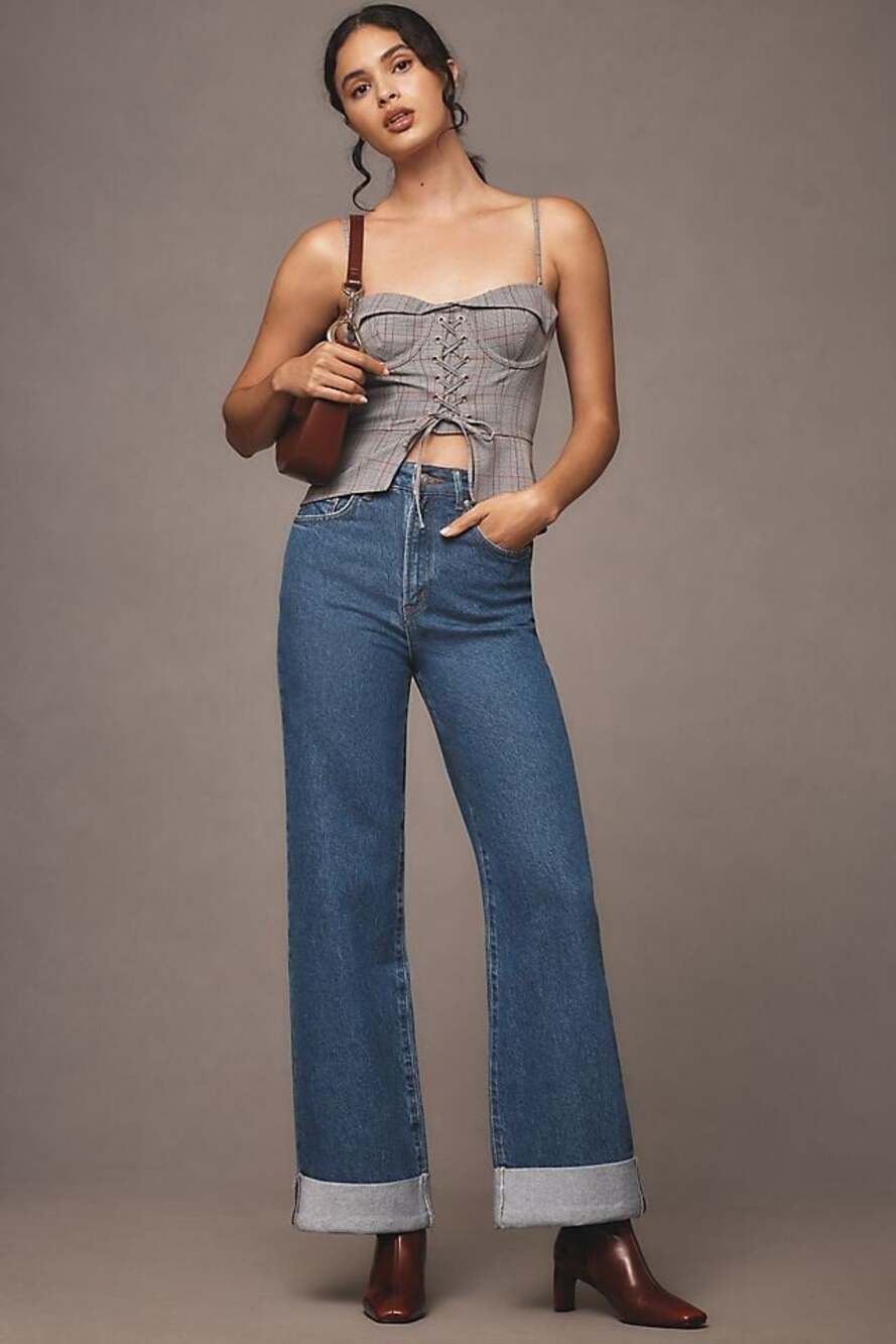 Anthropologie Pilcro Women's 28 Blue Denim The Austyn High Rise Cuffed Wide Leg